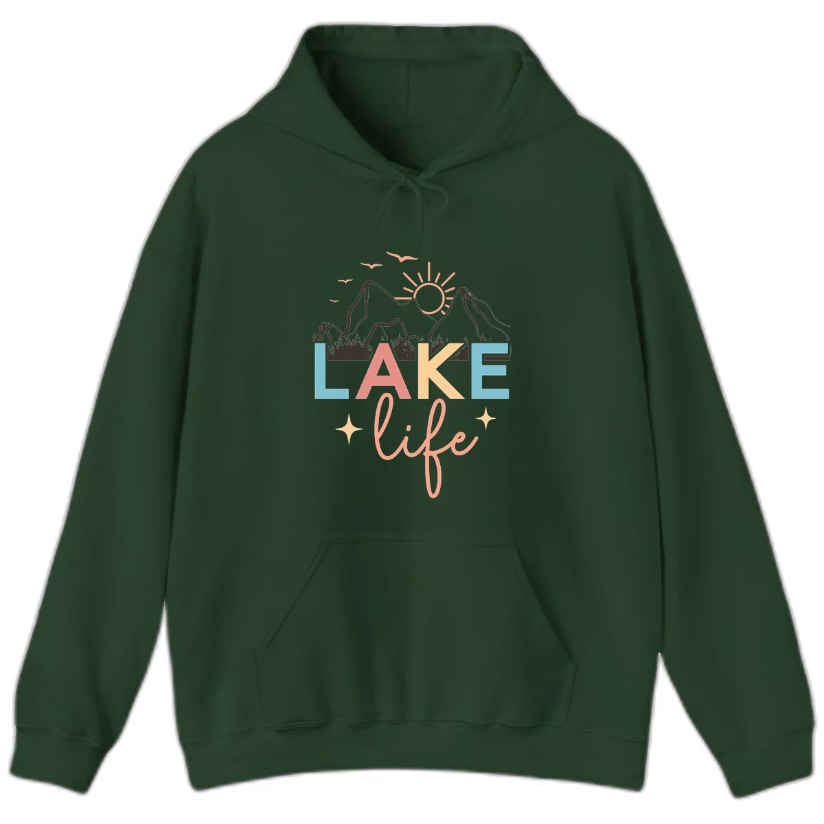 Mountain Lake Life Typography Hoodie in Forest Green